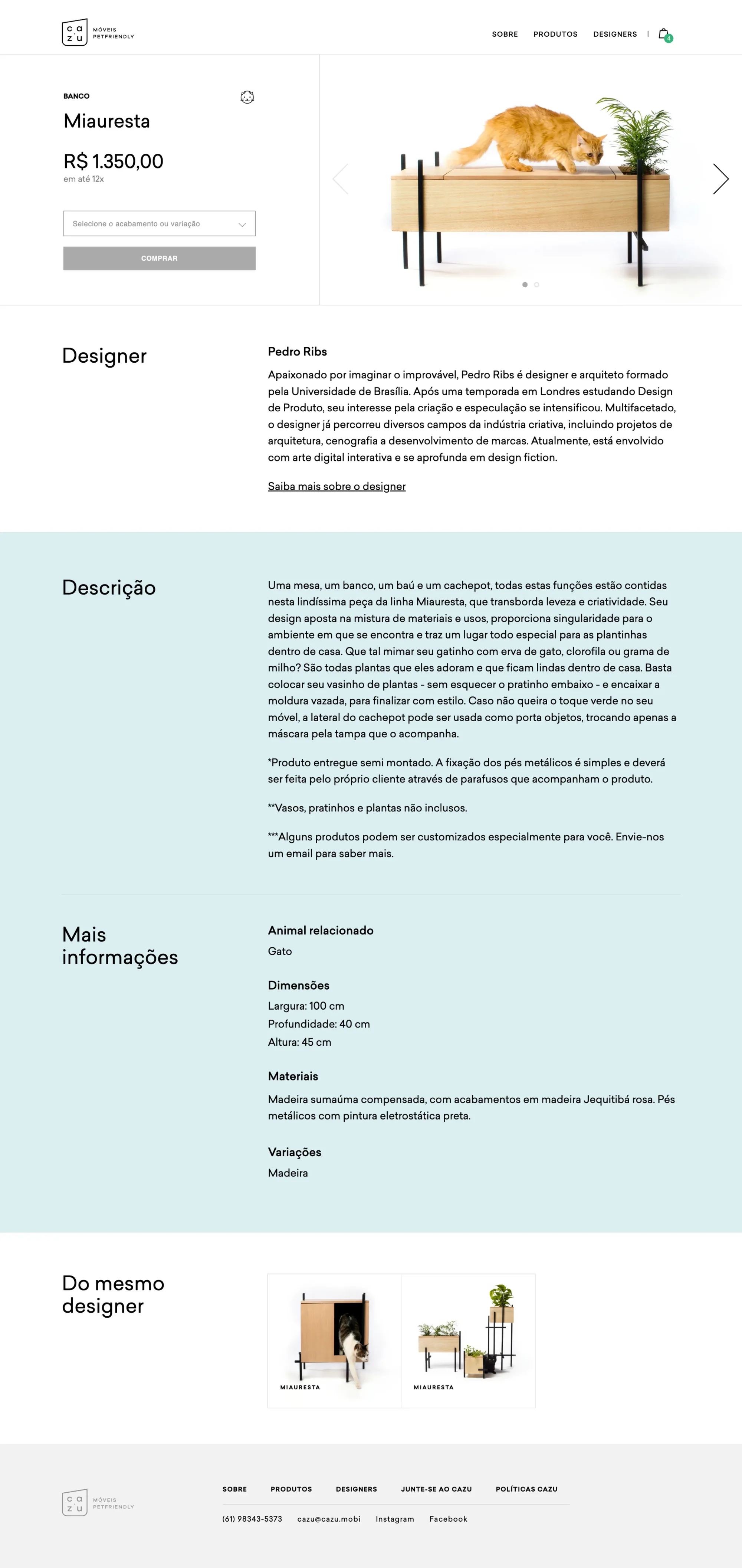 A Cazu product-detail page — product, price, and designer story.