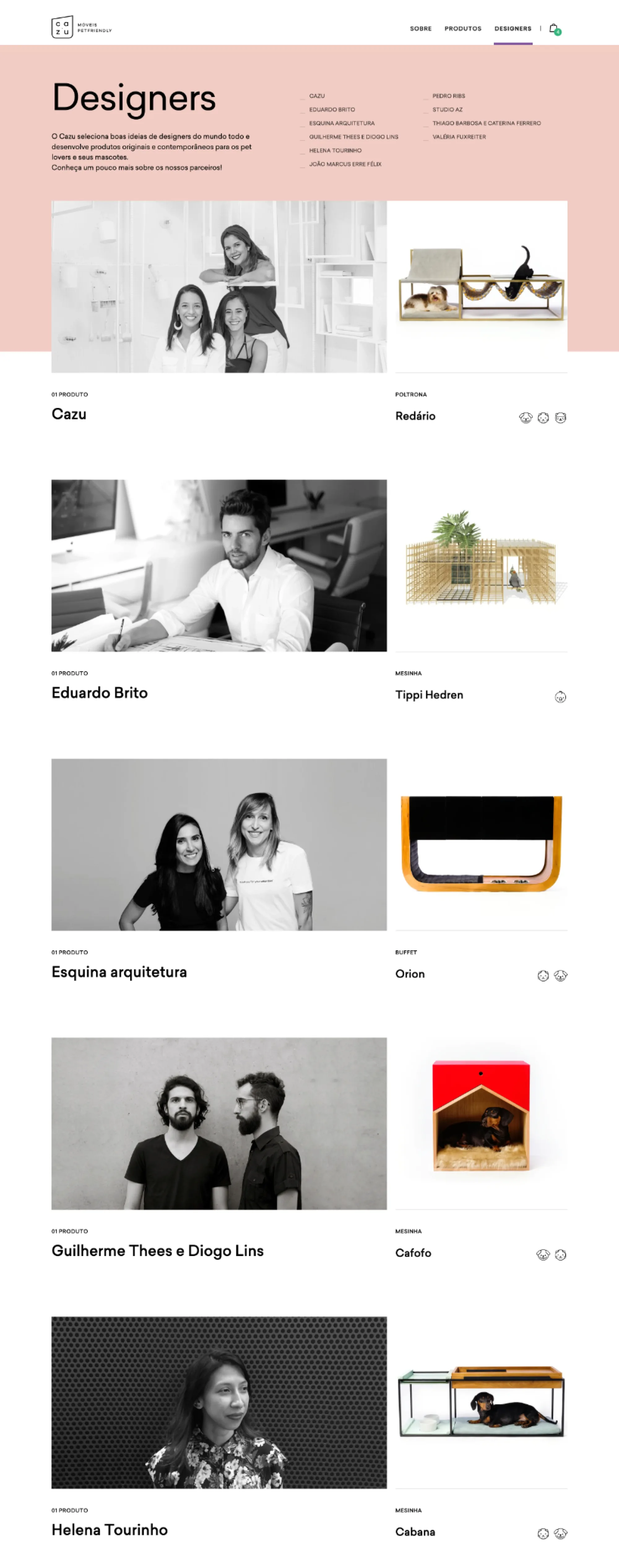 The Cazu designers page — the three founders' card followed by the partner designers behind each product.