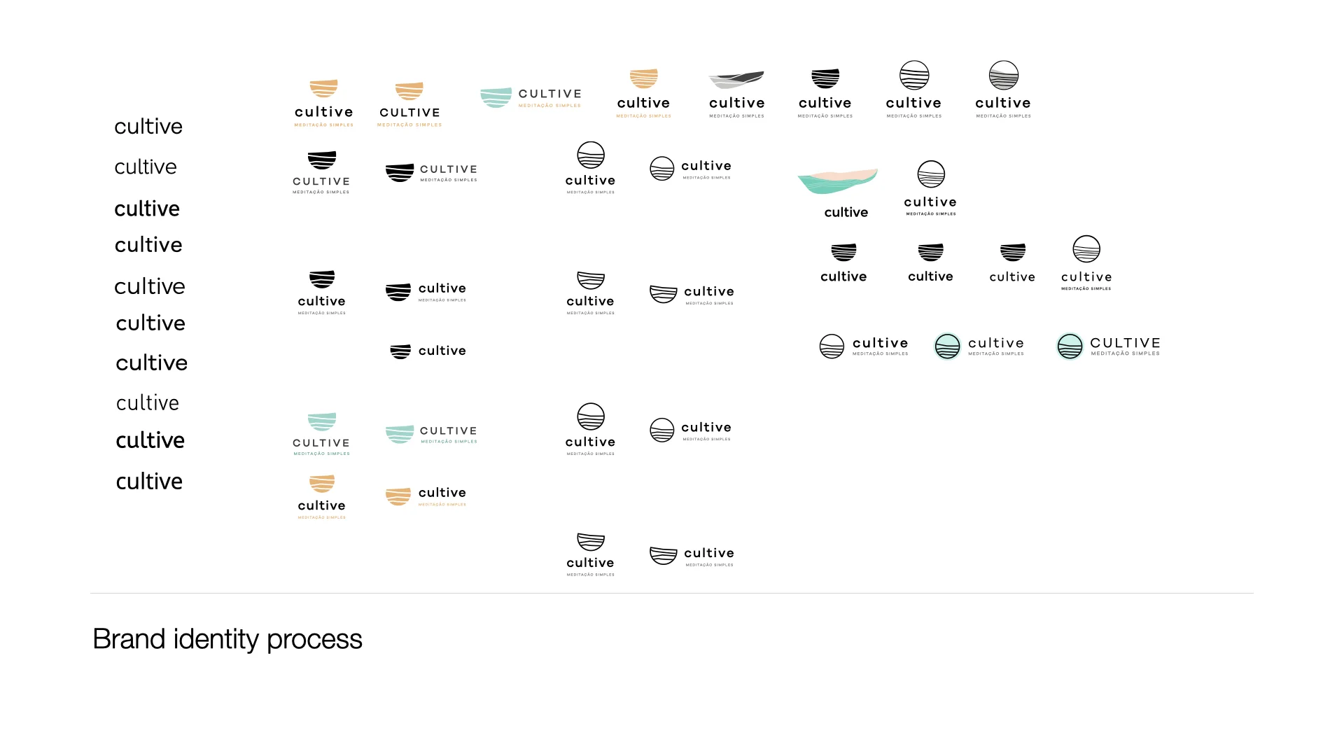 Brand identity process — dozens of logo and wordmark studies arranged on a sheet.