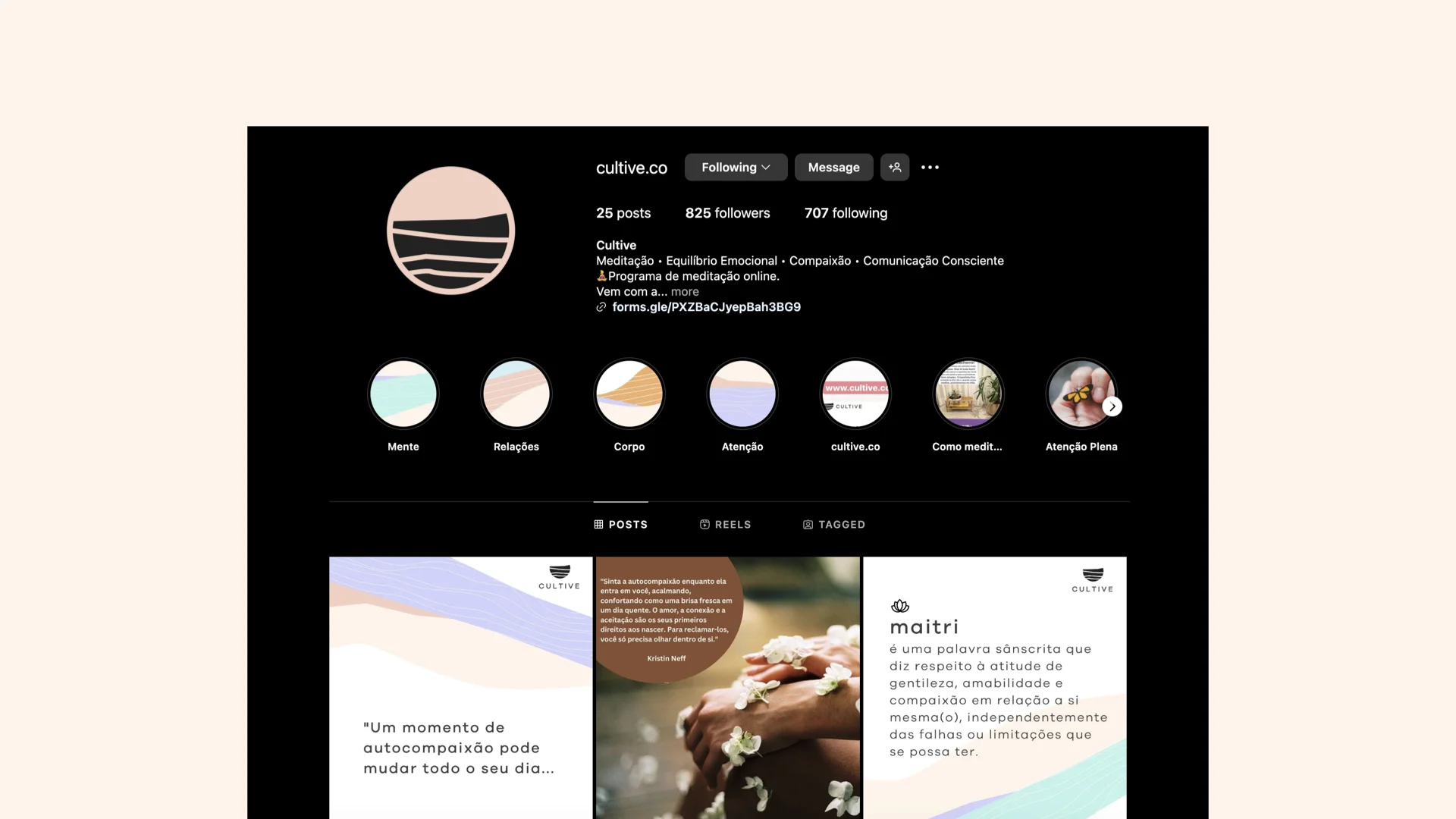 The Cultive Instagram profile — the identity living in public, posts and story highlights on-brand.
