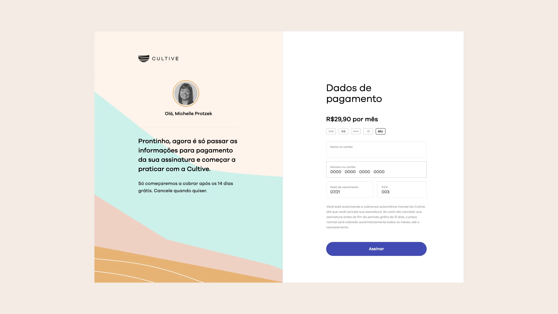 Signup payment step — price per month stated plainly, 14-day free trial, cancel anytime.
