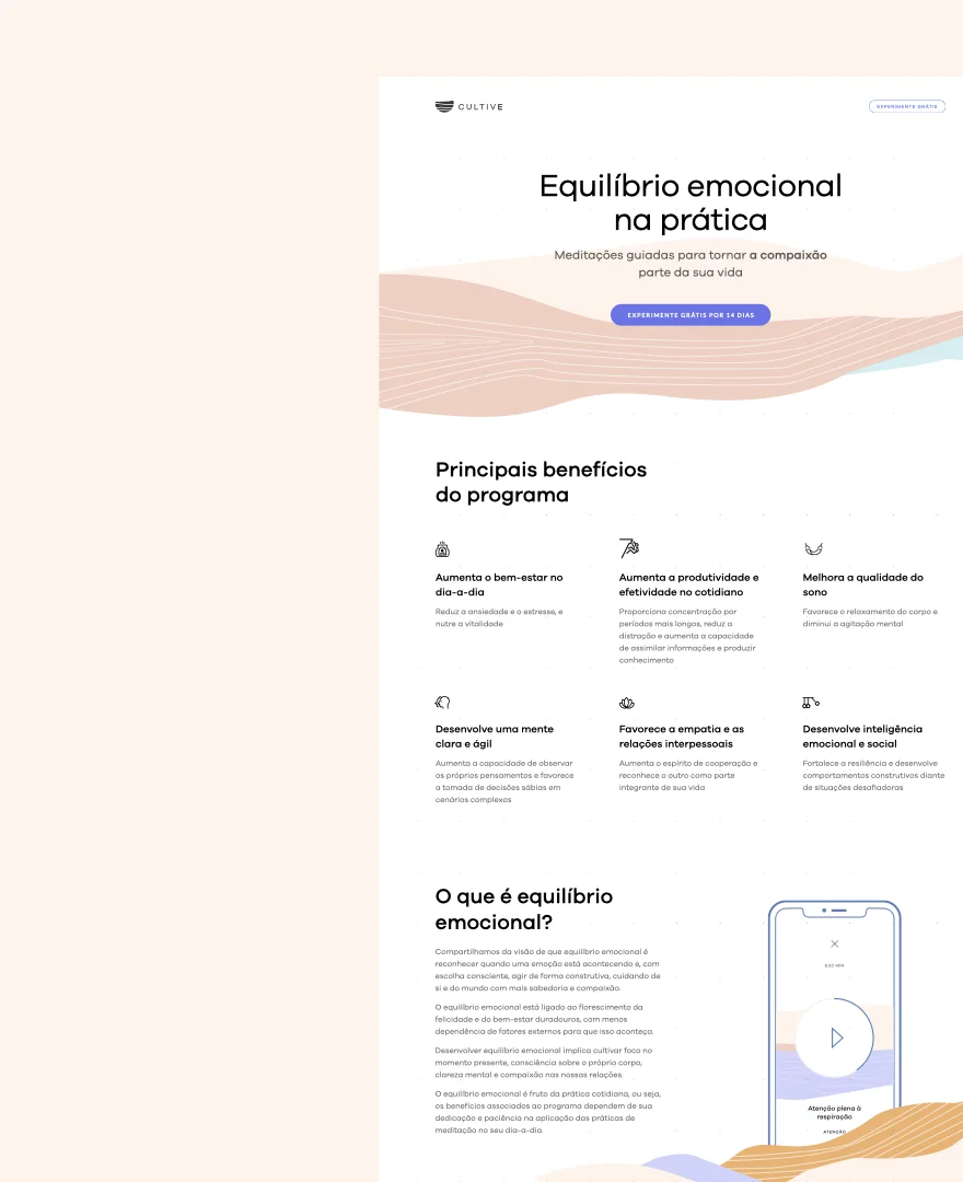 The program landing page — hero, the six core benefits, and 'what is emotional balance' with the app.