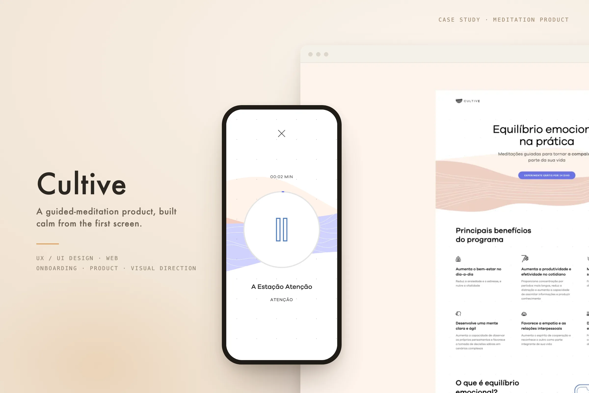 Cultive cover sheet — guided-meditation app screens on a blush field