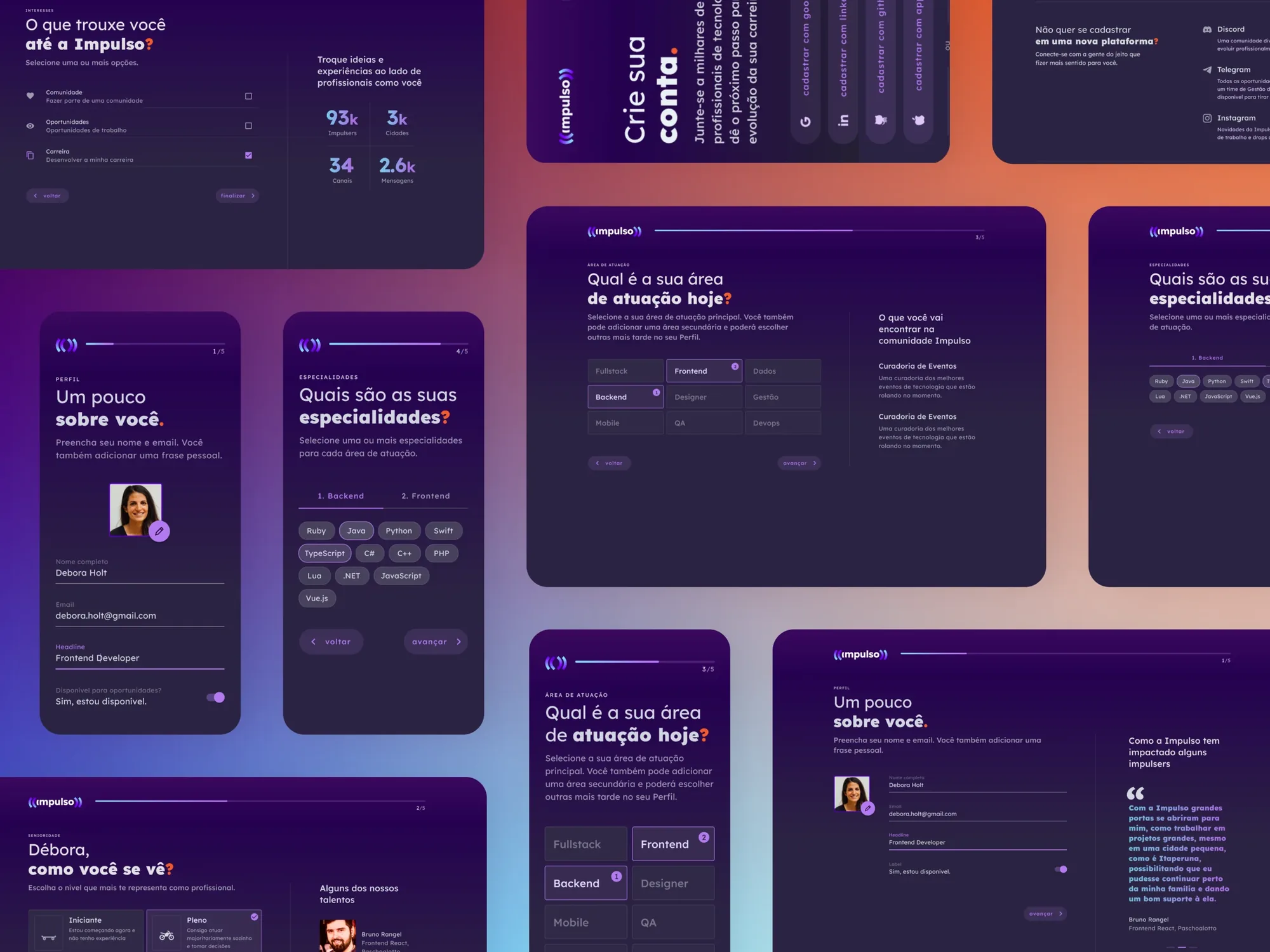 The full onboarding system across breakpoints — desktop and mobile sign-up, about-you, specialities, and area-of-work steps with the logged dashboard, on the brand's purple-to-coral gradient.