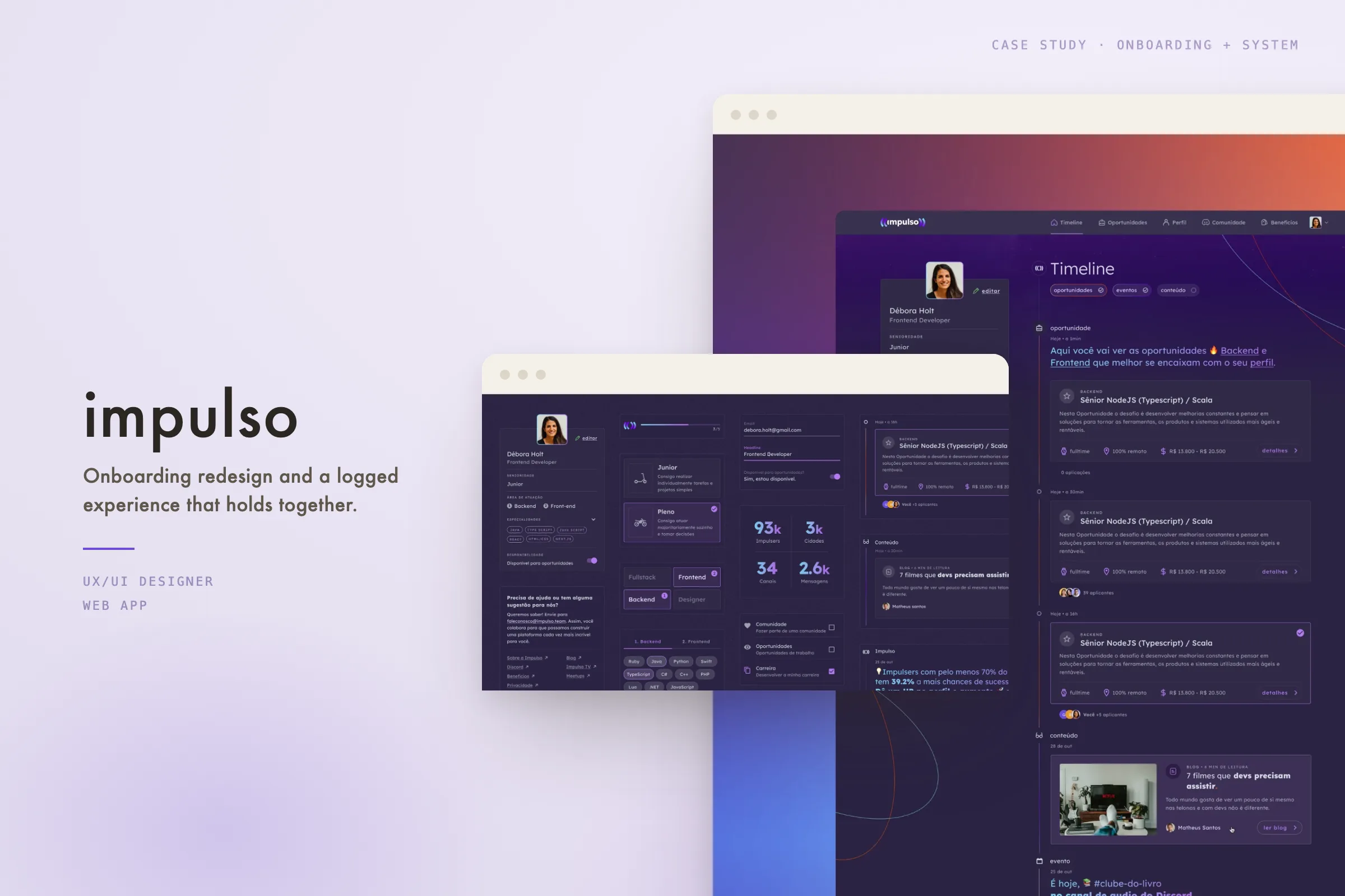Impulso onboarding cover sheet — logged-in product screens on a purple field