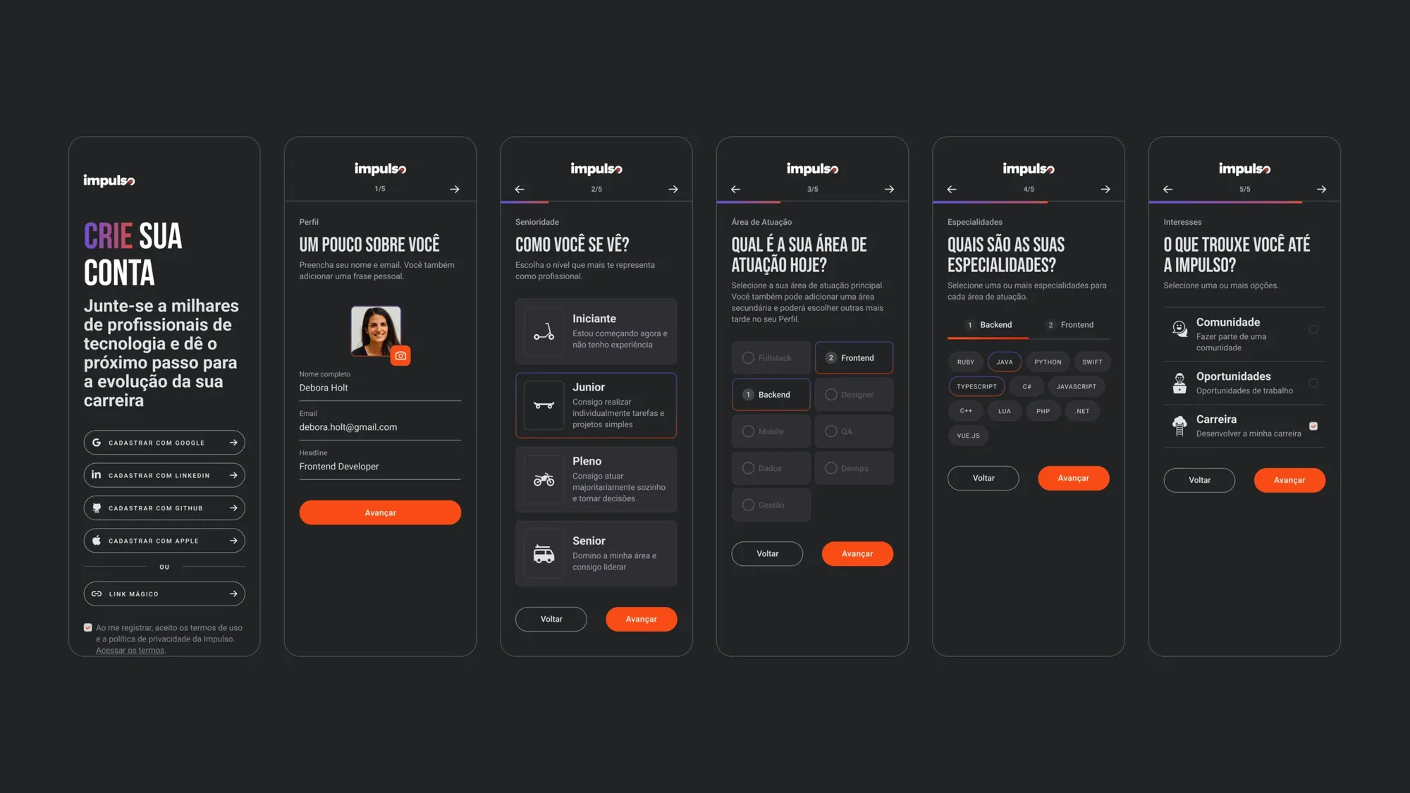 First styled version of the six-step onboarding, in the earlier orange visual language.