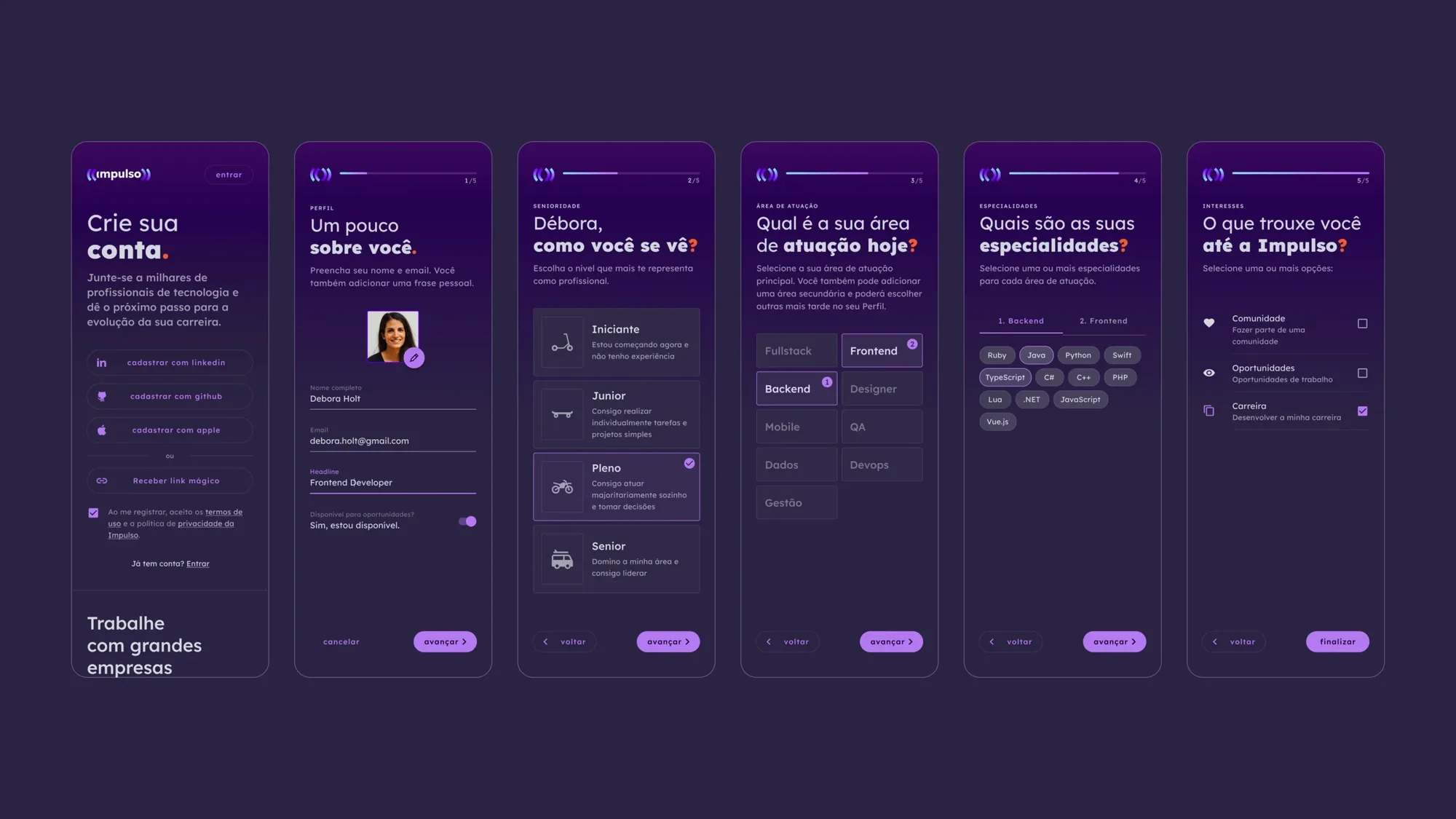 The shipped onboarding — the same six steps in the final purple visual language.