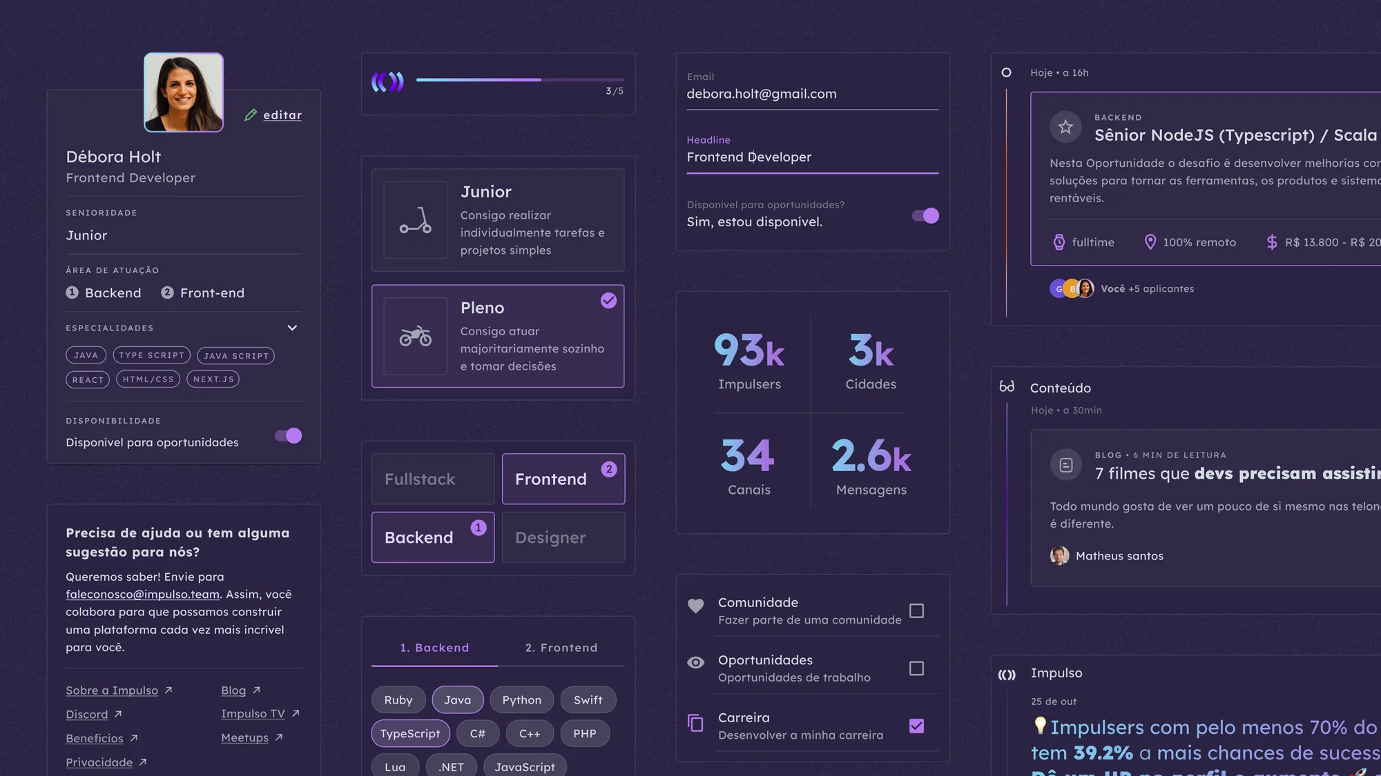 Logged-area components — profile, seniority cards, specialty filters, and platform stats.