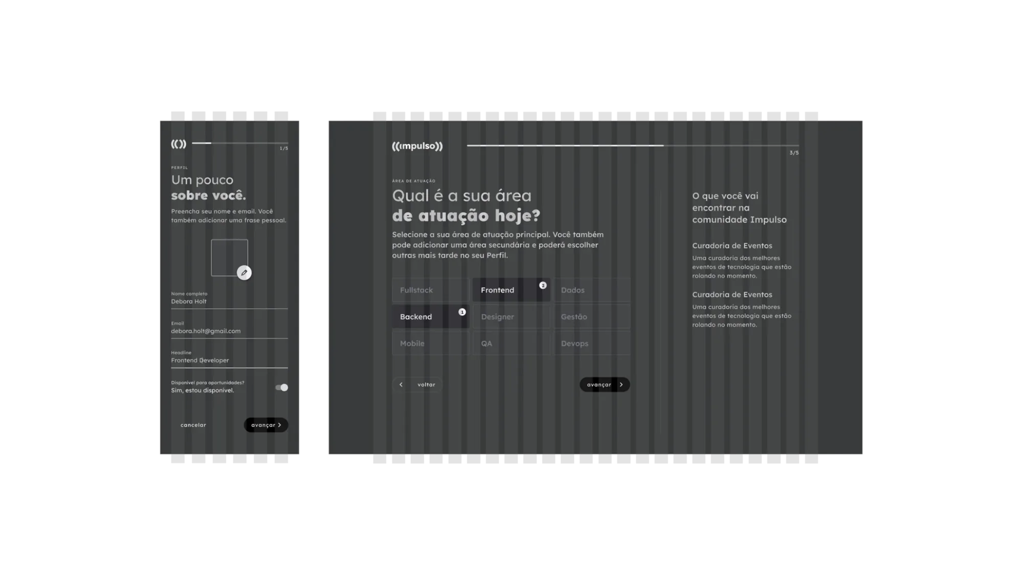Structural wireframes of the onboarding flow — mobile and desktop, no visual styling.