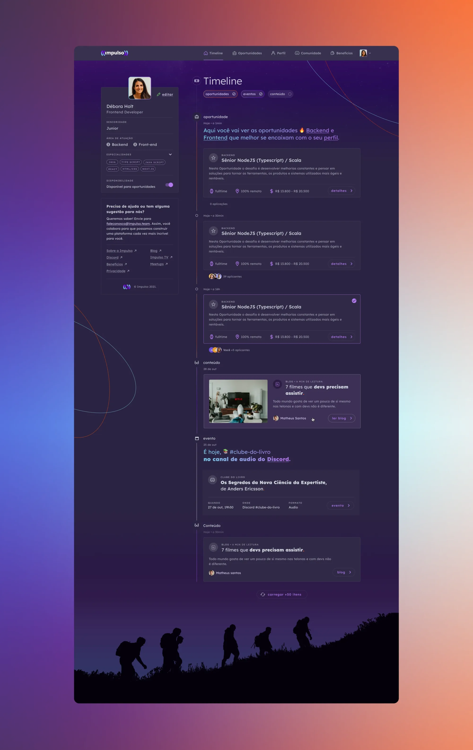 The logged-in timeline — opportunities, content, and community in one feed.
