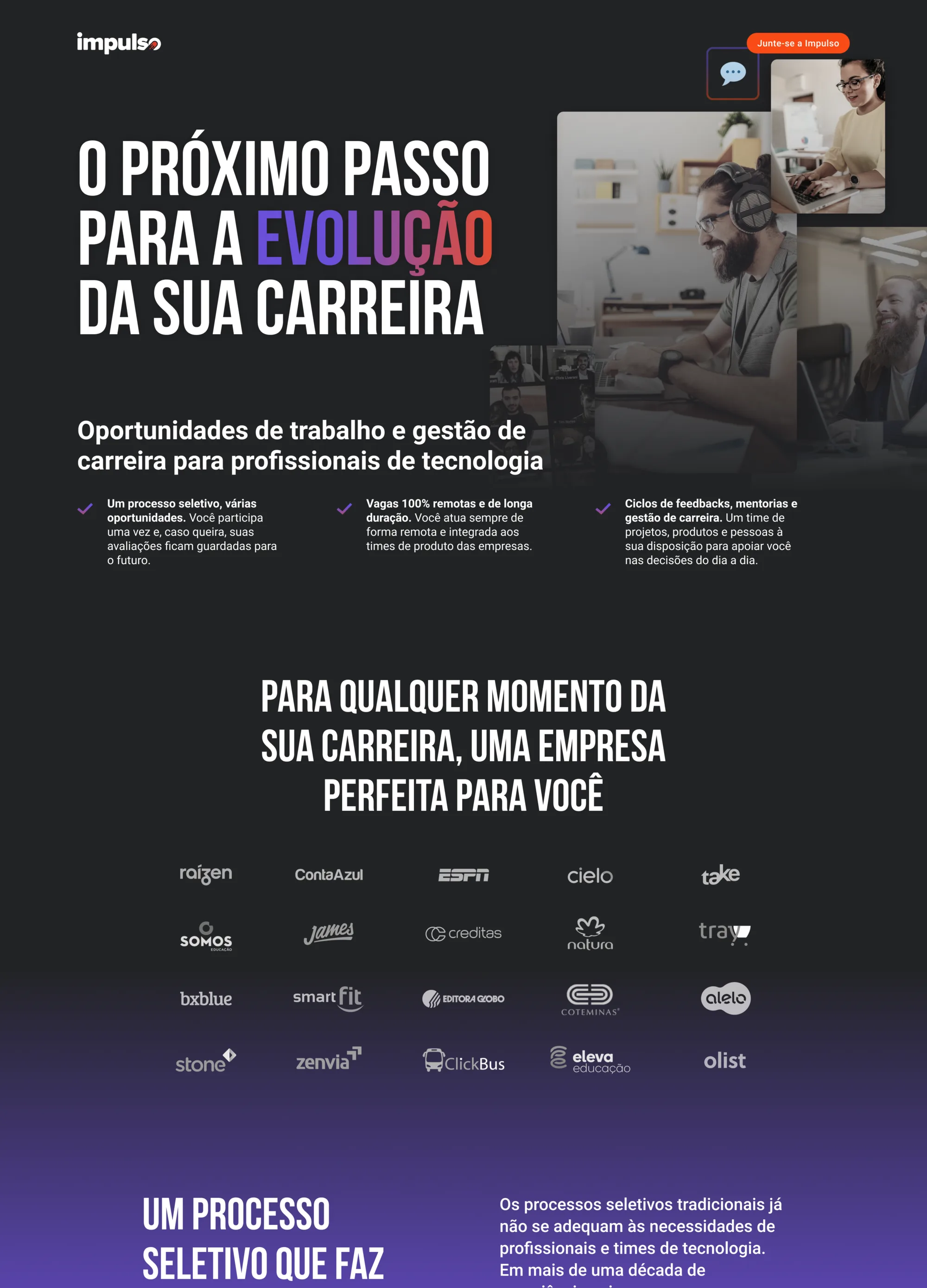 The Impulso Network landing — 'o próximo passo para a evolução da sua carreira', client logos, and a guided selection process for tech professionals.
