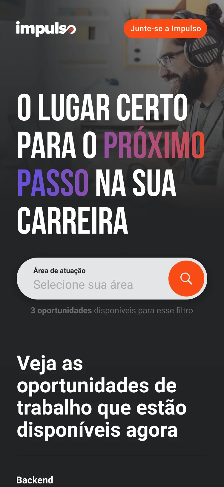 The opportunities listing on mobile — dark hero and job cards with role, location, and pay.