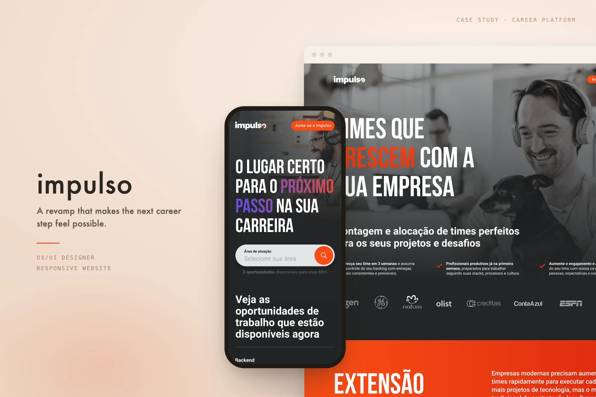 Impulso cover sheet — career-platform landing pages on an orange field