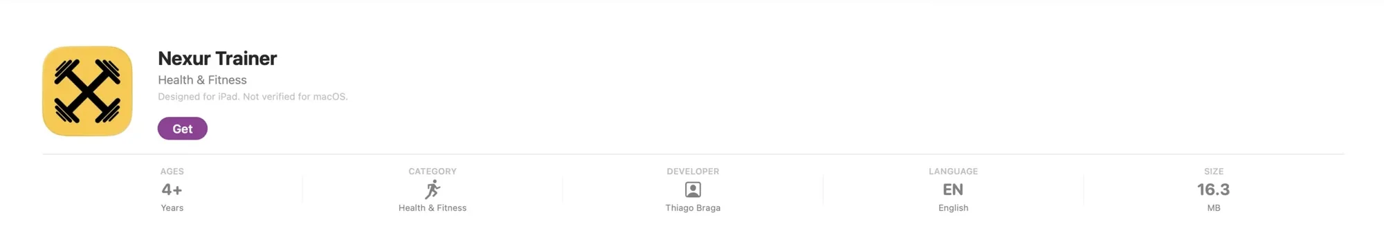 Nexur Trainer on the App Store — the shipped store-listing header: app icon, name, Get button, and the category, developer, language and size details.