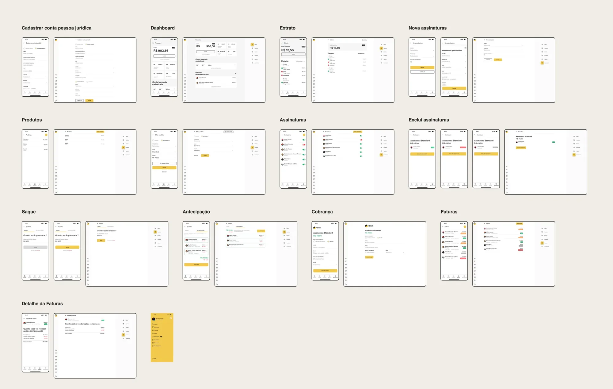 The full Nexur payment system mapped screen by screen — onboarding, dashboard, statement, subscriptions, products, withdrawals, anticipation, billing, and invoices.