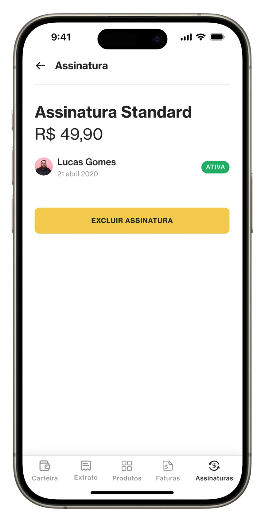 Subscription detail with a green 'Ativa' status chip.