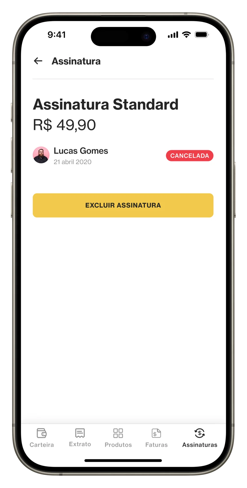 The same subscription detail with a red 'Cancelada' status chip.