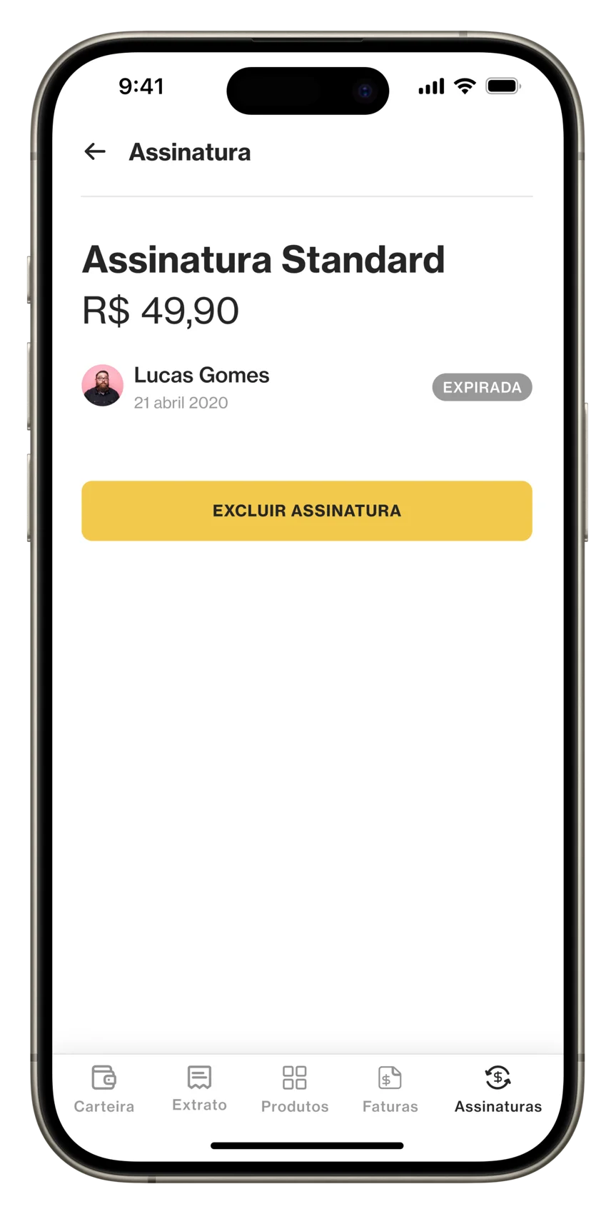 The same subscription detail with a gray 'Expirada' status chip.
