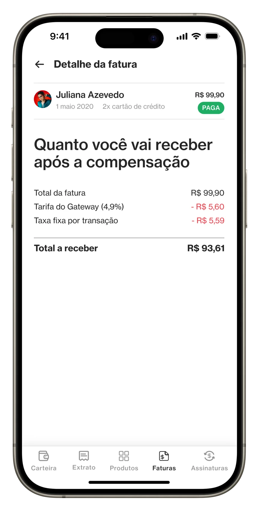 Invoice detail — 'How much you'll receive after settlement': invoice total, gateway fee, fixed fee, and the final amount, itemised.