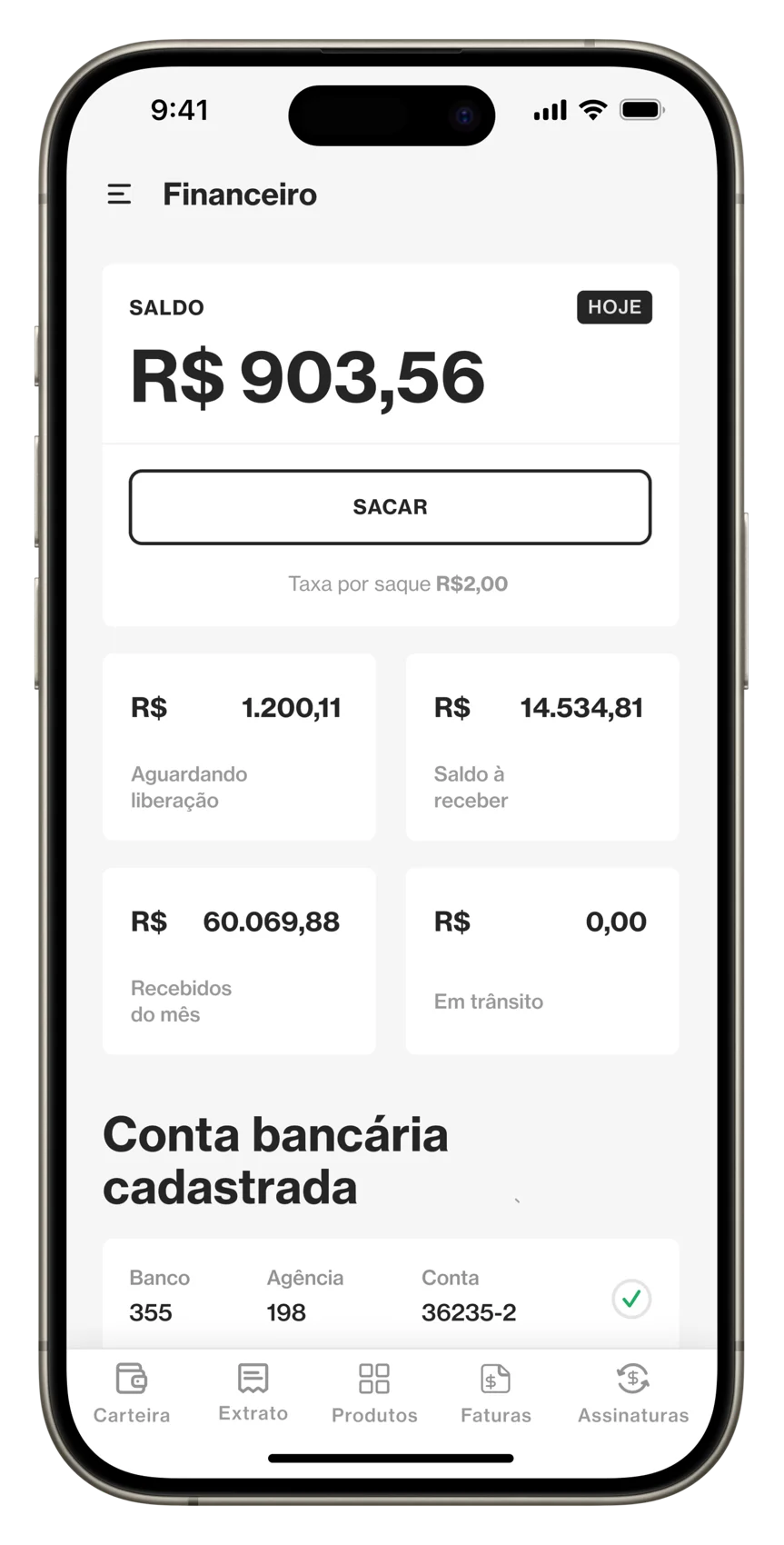 Financial dashboard — balance, withdraw action with its fee stated upfront, and pending/receivable/received amounts.