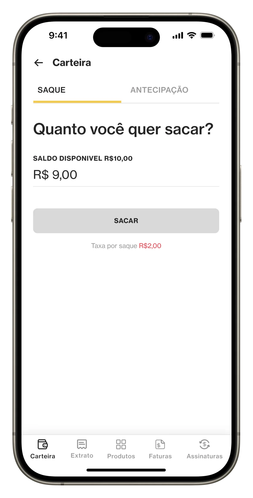 Withdrawal screen with the 'Sacar' button disabled in gray — amount not yet valid, fee stated below.