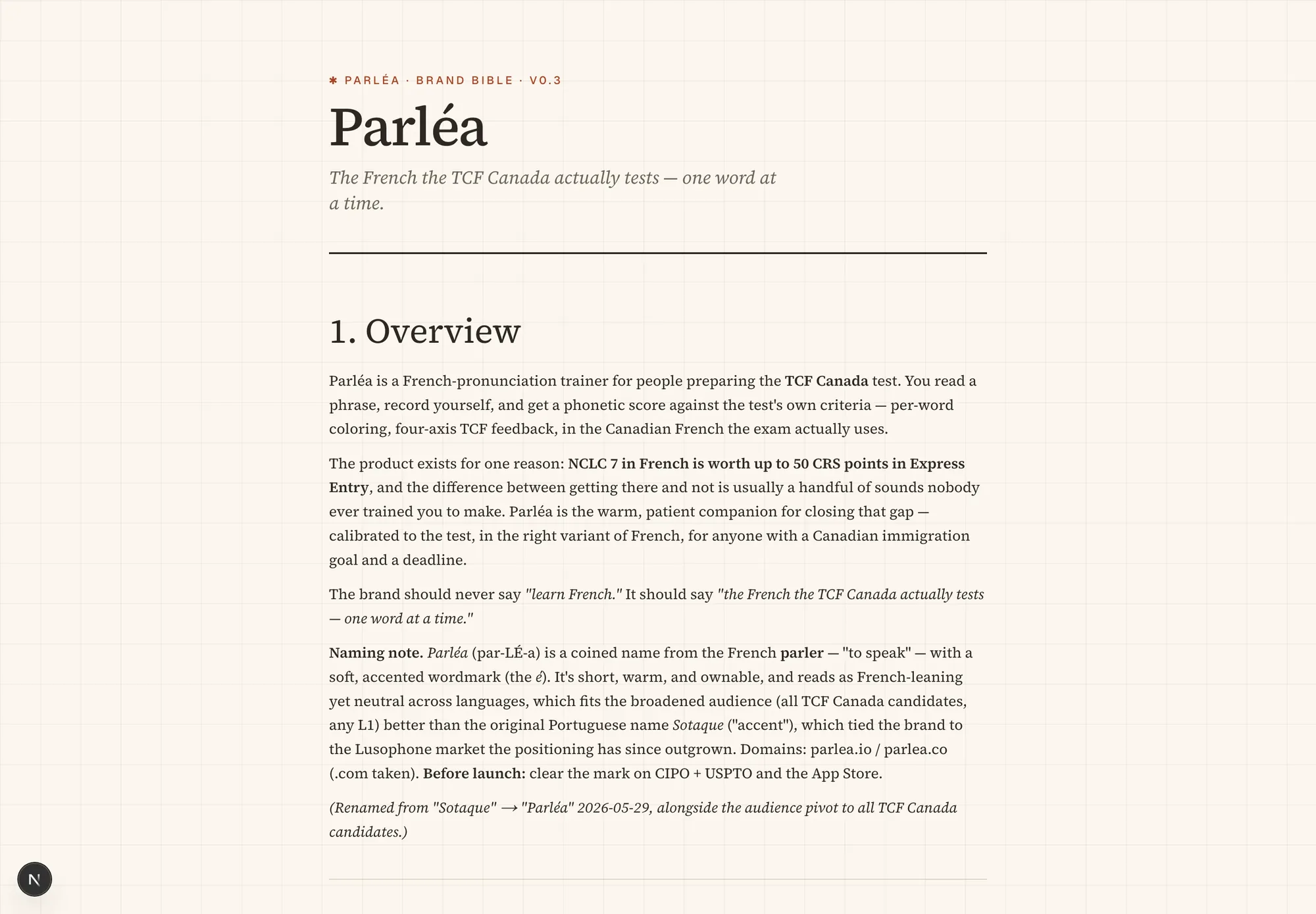 Parléa brand bible — the wordmark with its coral accent-spark, the tagline 'The French the TCF Canada actually tests, one word at a time', and the overview text.