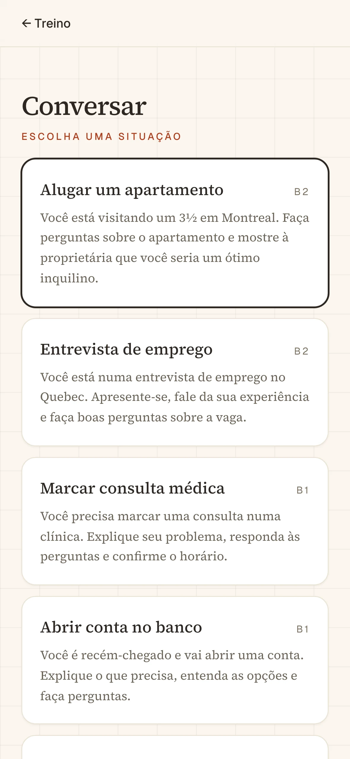 Parléa conversation partner — a single-column list of real-life scenarios like renting an apartment in Montréal and a job interview in Québec, each tagged with a CEFR level.