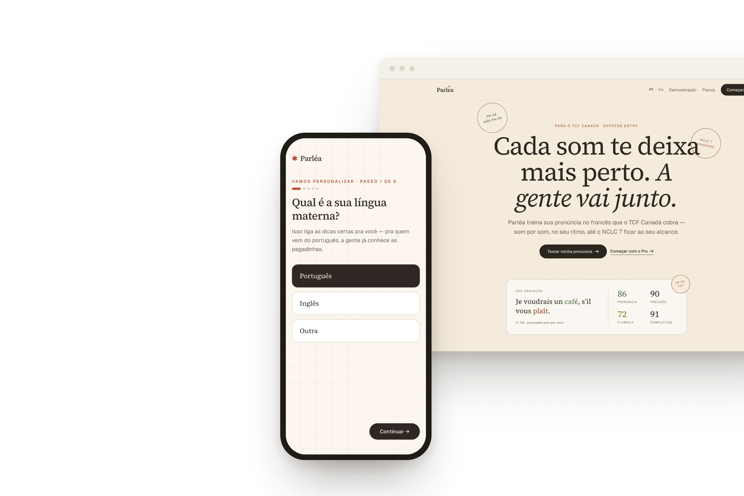 Parléa cover sheet — mobile onboarding and practice screens composed on a peach field