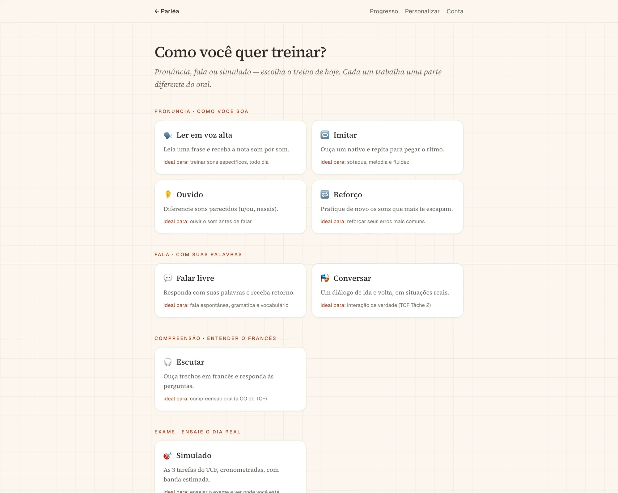 Parléa practice hub on desktop — 'Como você quer treinar?' with drill cards grouped by Pronúncia, Fala, Compreensão, and Exame.