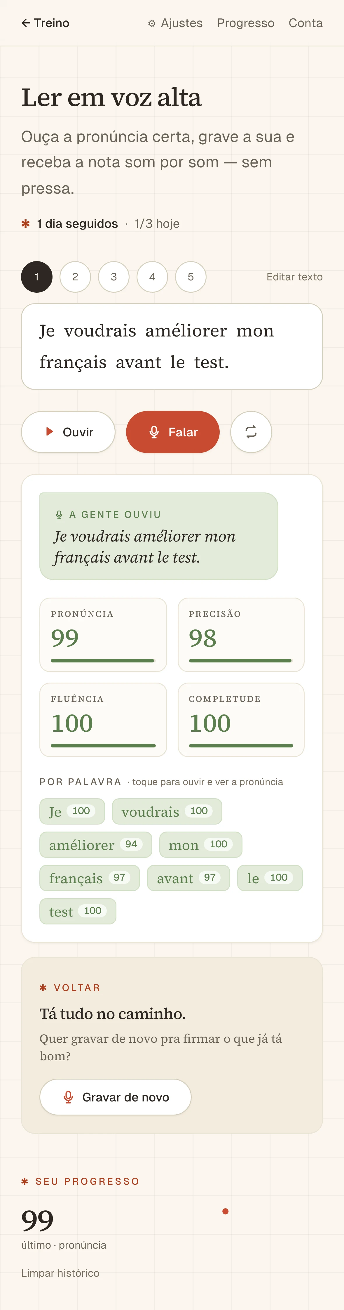 Parléa read-aloud drill, scored — the phrase 'Je voudrais améliorer mon français avant le test', with a transcript of what was heard, scores for pronunciation, accuracy, fluency and completeness, and a per-word breakdown coloured green.