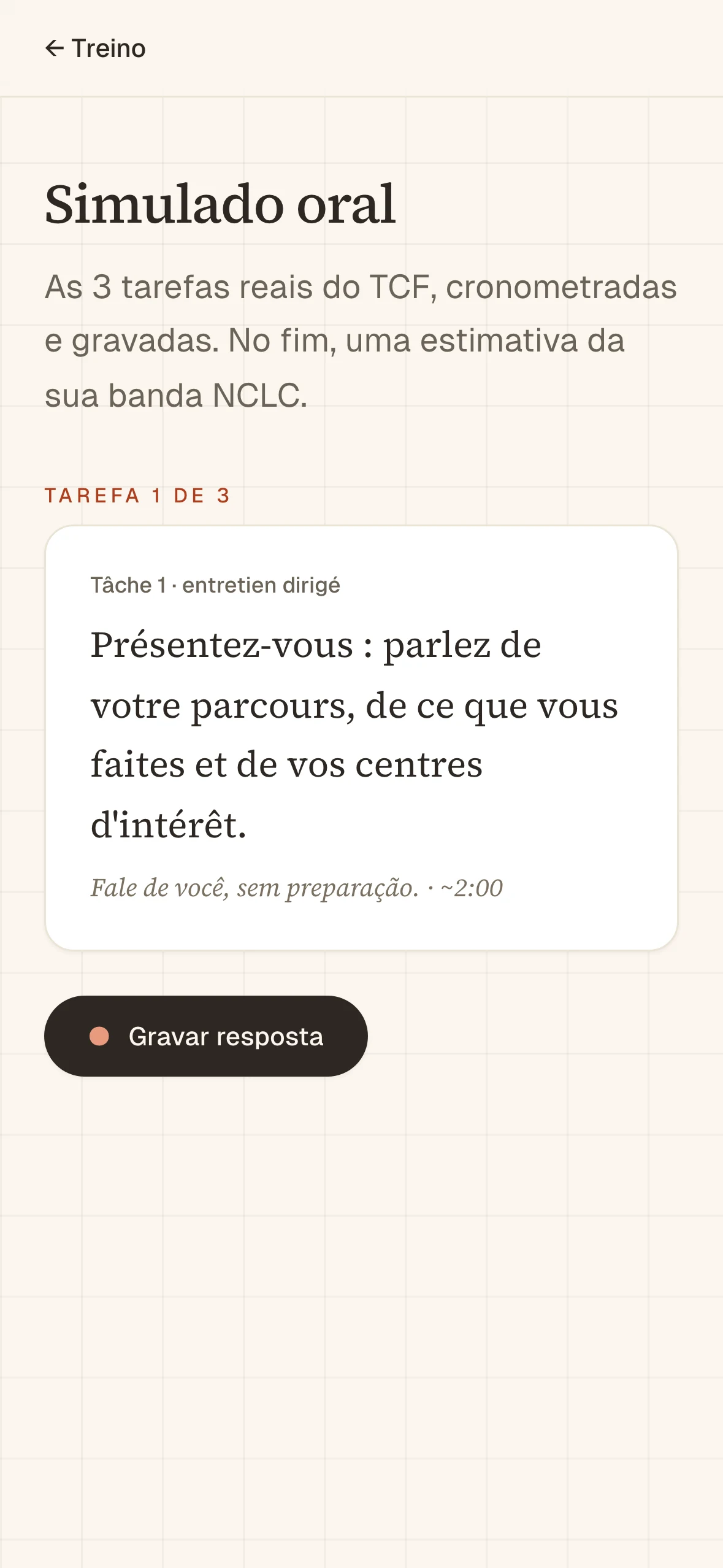 Parléa simulado mid-exam — task 1 of 3 ('Tâche 1 · entretien dirigé'), the French prompt, a countdown, and a coral record button.