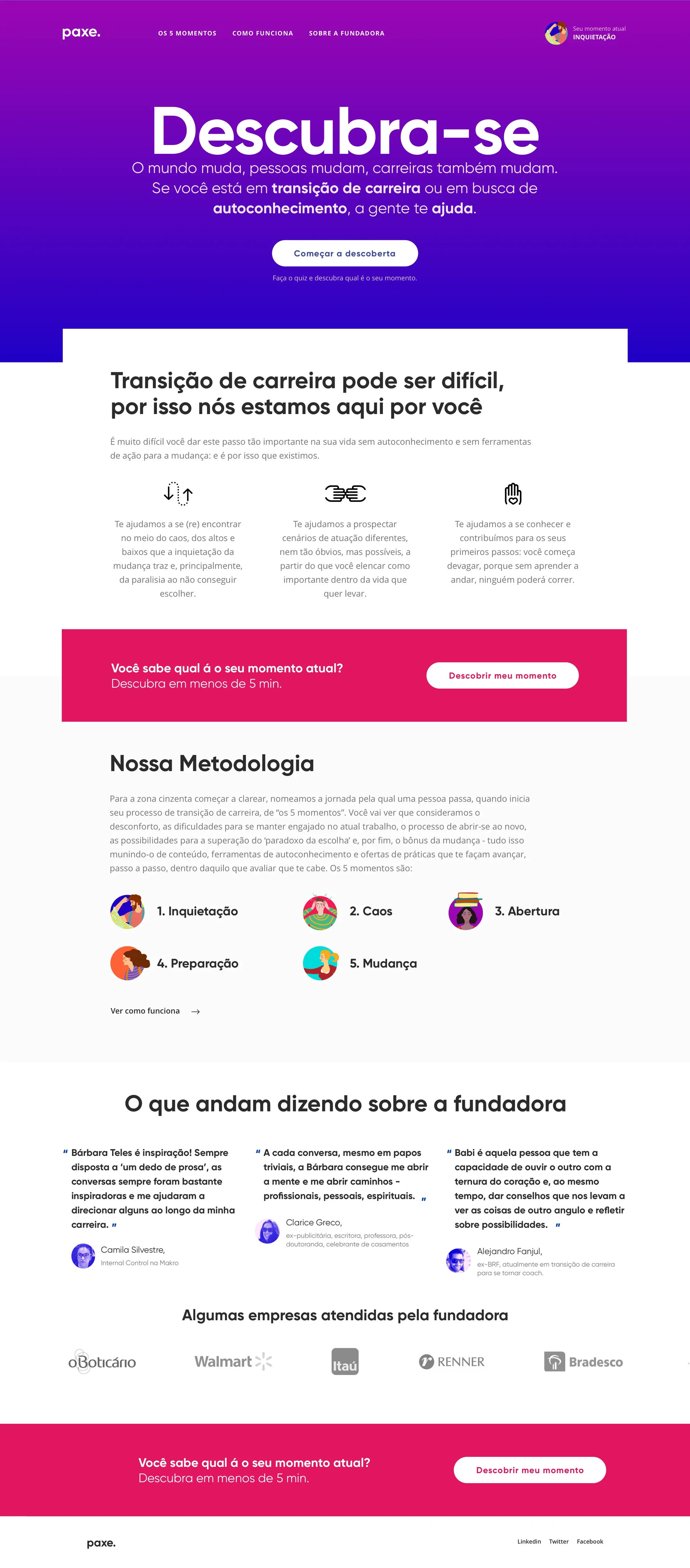 Paxe homepage — 'Descubra-se' over the brand gradient.