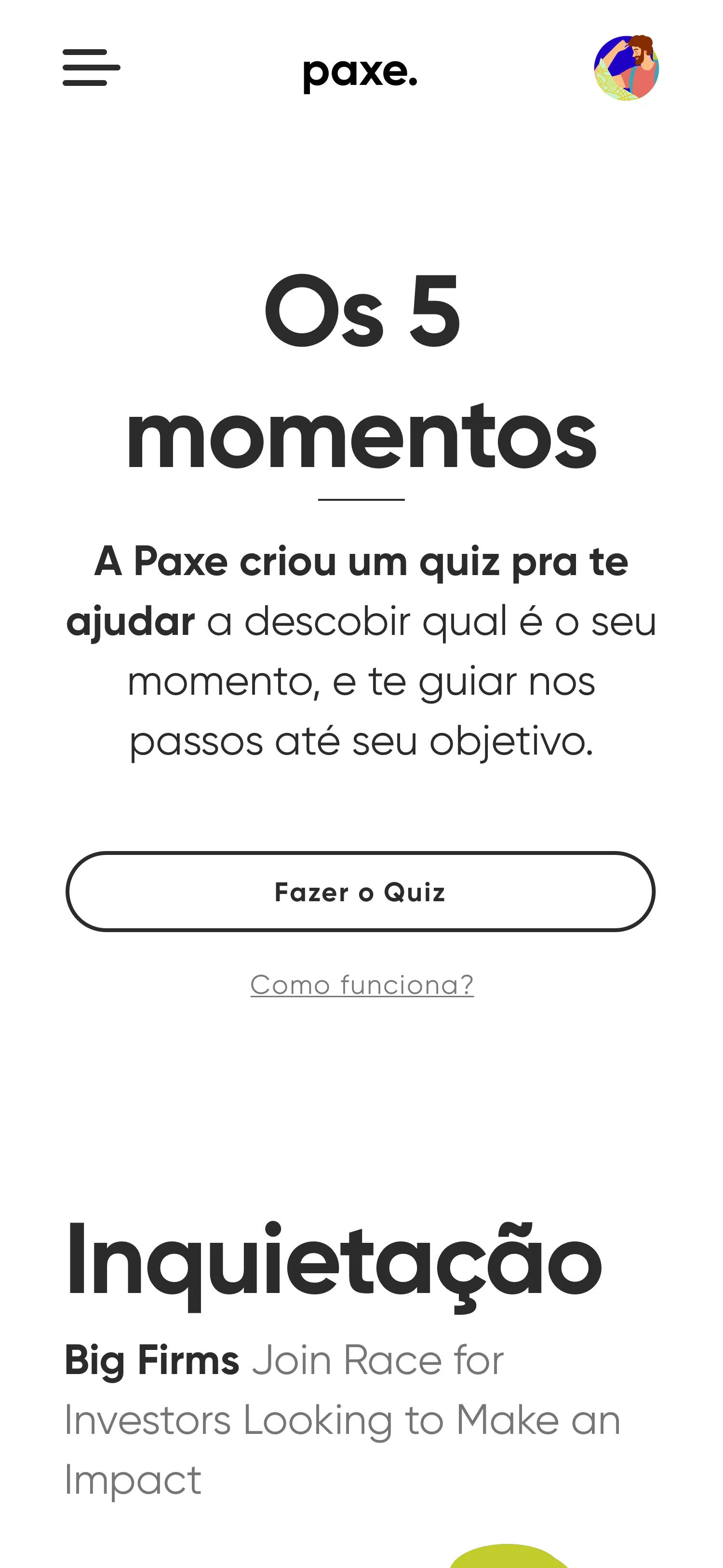 The five-moment methodology on mobile — Os 5 momentos: Inquietação, Caos, Abertura, Preparação, Mudança, each illustrated.