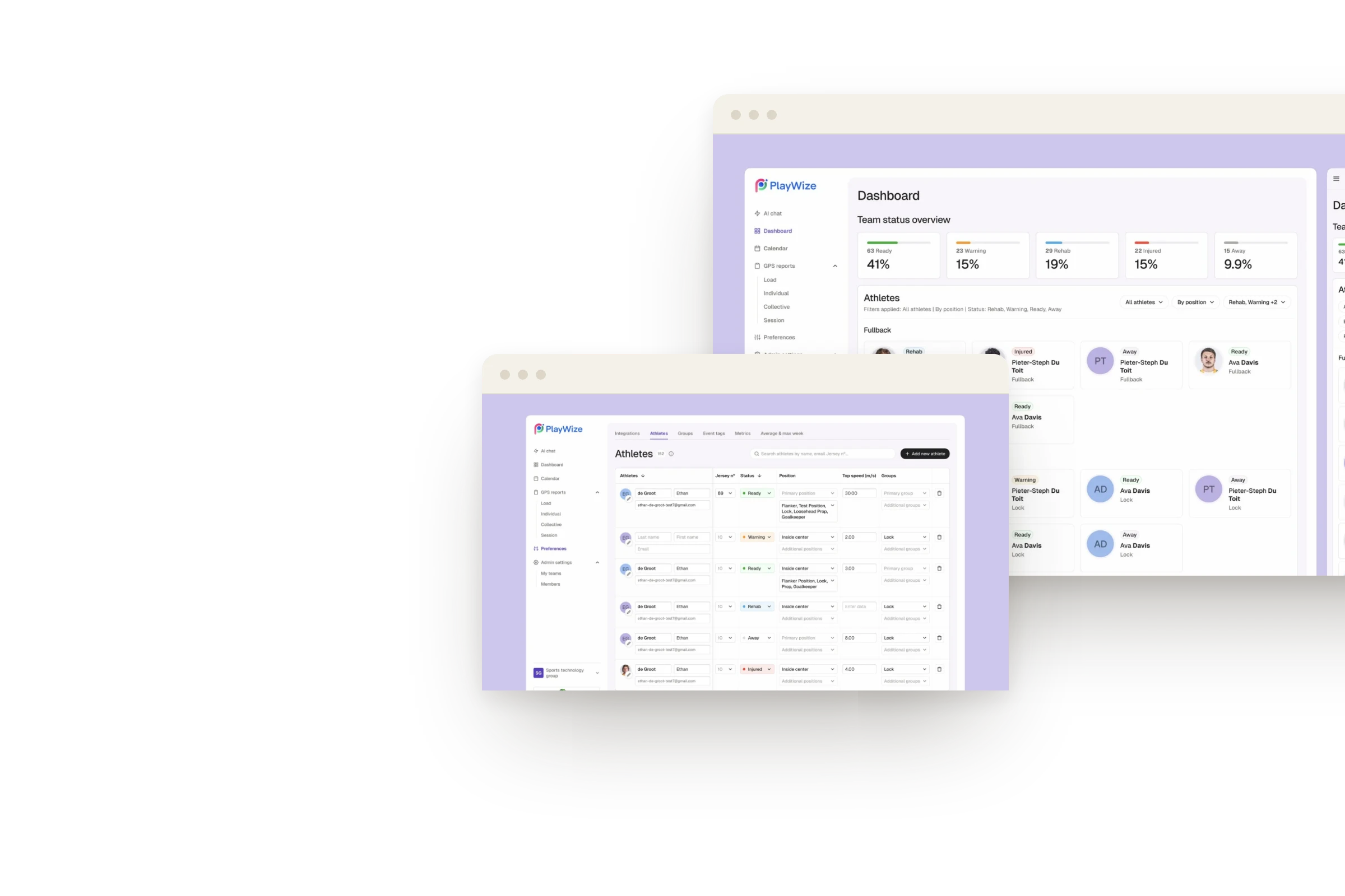 PlayWize cover sheet — dashboard and team-status screens composed on a lavender field